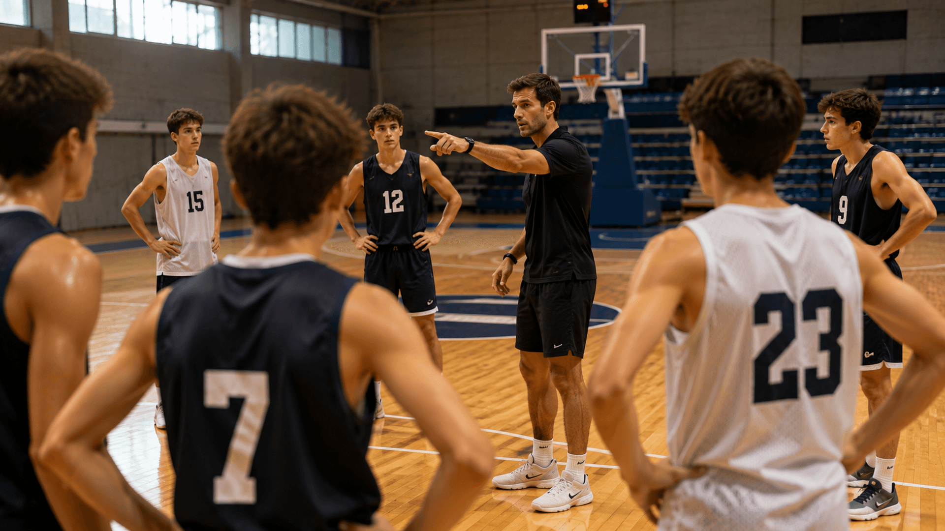 Un entraîneur, le bras tendu, explique une consigne à un groupe de jeunes joueurs réunis autour de lui sur le parquet.