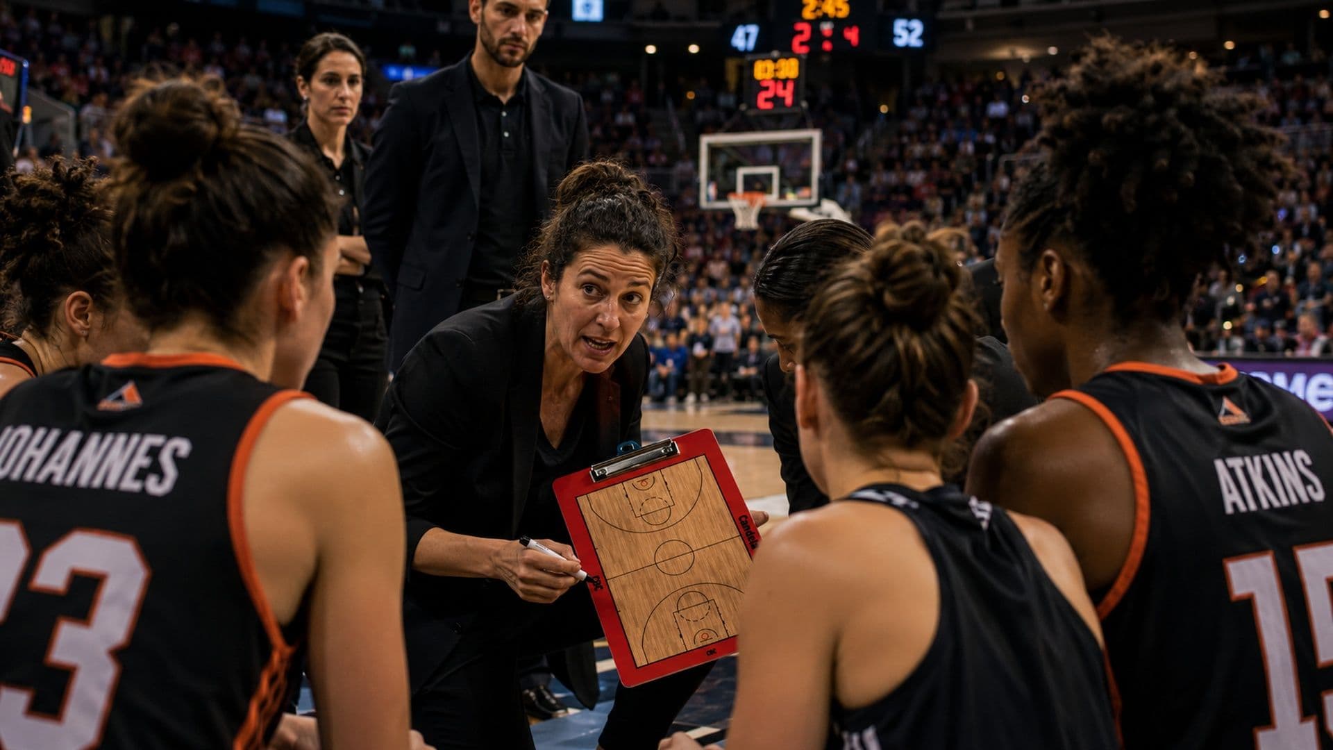 Une coach, plaquette tactique personnalisée et marqueur en main, donne ses consignes à ses joueuses pendant un temps mort de match professionnel.