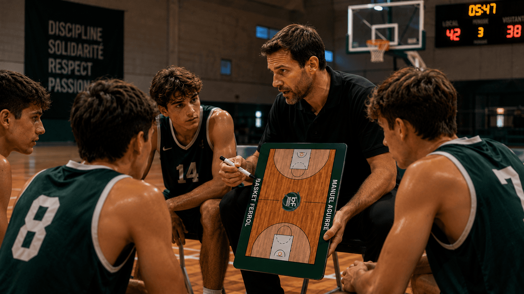 Pendant un temps mort, un entraîneur tient une plaquette tactique personnalisée au nom de son club devant ses joueurs.